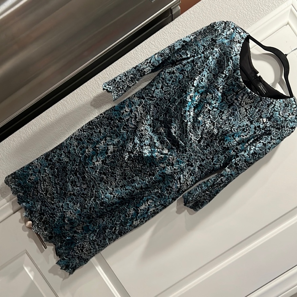 Tahari Silver and Teal Shimmering Floral Dress